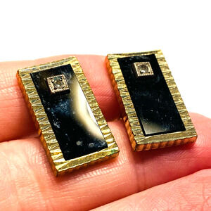 Vintage Cufflinks by Amerik Textured Goldtone Black Onyx & Clear White Crystal